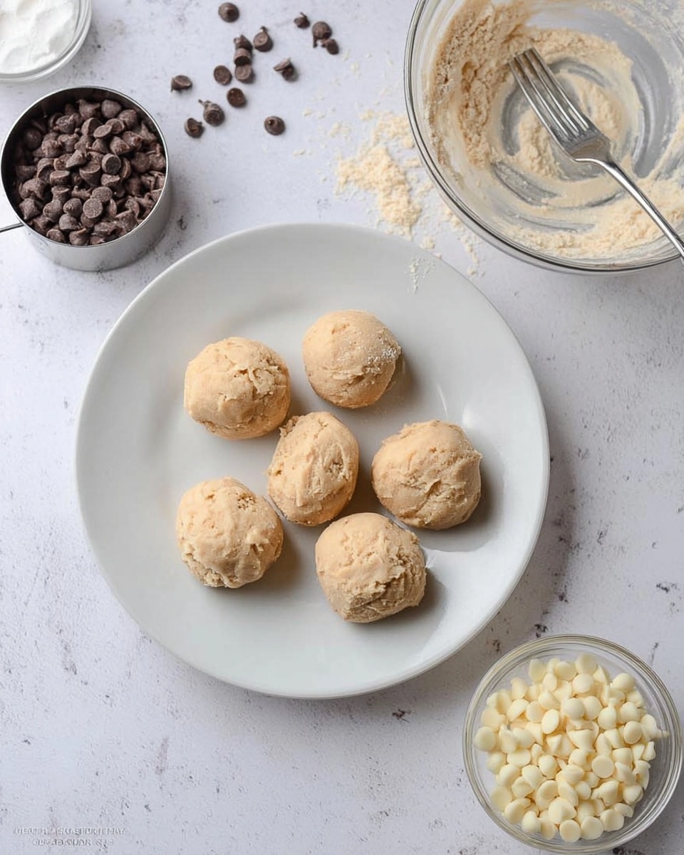 The image shows a white plate with six rounded dough balls placed in a circle on it. The dough balls are light tan in color and have a rough texture. Behind the plate, there is a clear glass bowl with some creamy dough residue inside, and a fork resting in it. To the left of the plate, there is a metal measuring cup half full with dark chocolate chips. To the right of the plate, a small clear glass bowl holds white chocolate chips. All items are set on a white marbled surface. The overall scene appears bright and clean, with a focus on the dough balls and chocolate chips. photo taken with an iphone --ar 4:5 --v 7
