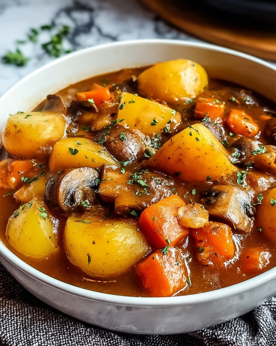 A white bowl filled with a thick stew full of large chunks of yellow potatoes, orange carrots, and brown mushrooms, all mixed together in a rich brown sauce. The stew is sprinkled with small green herb pieces on top. The bowl is placed on a textured grey cloth on a white marbled surface. Photo taken with an iphone --ar 4:5 --v 7