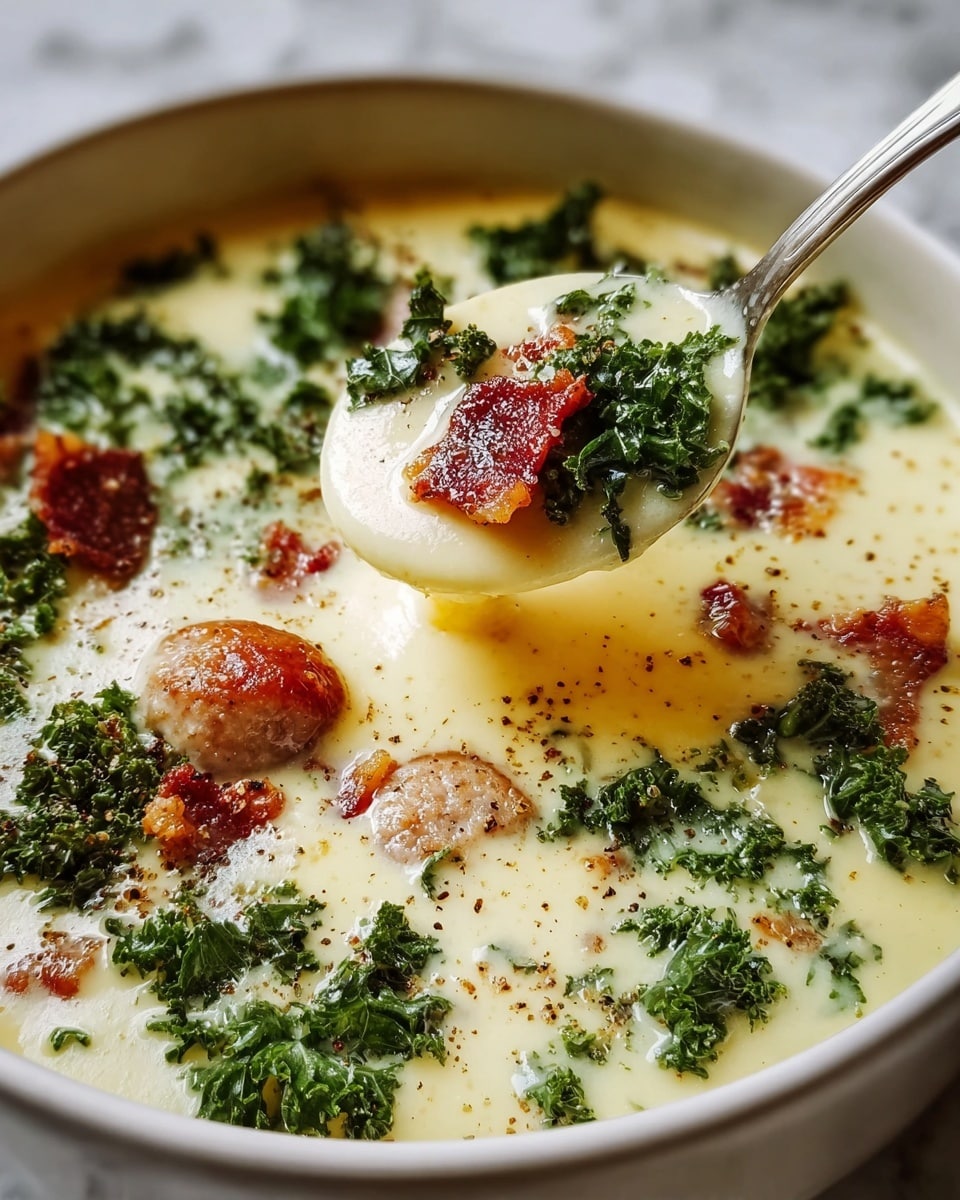 A close-up view of a creamy soup in a deep white bowl, filled with a smooth, pale yellow base. Floating on top are small pieces of crispy brown sausage and bright green kale leaves, giving texture and color contrast. A spoon lifts a scoop of the creamy soup showing more sausage bits and a small piece of reddish-brown meat within the thick liquid. The soup surface has a light sprinkling of black pepper, and the bowl is placed on a white marbled surface. photo taken with an iphone --ar 4:5 --v 7