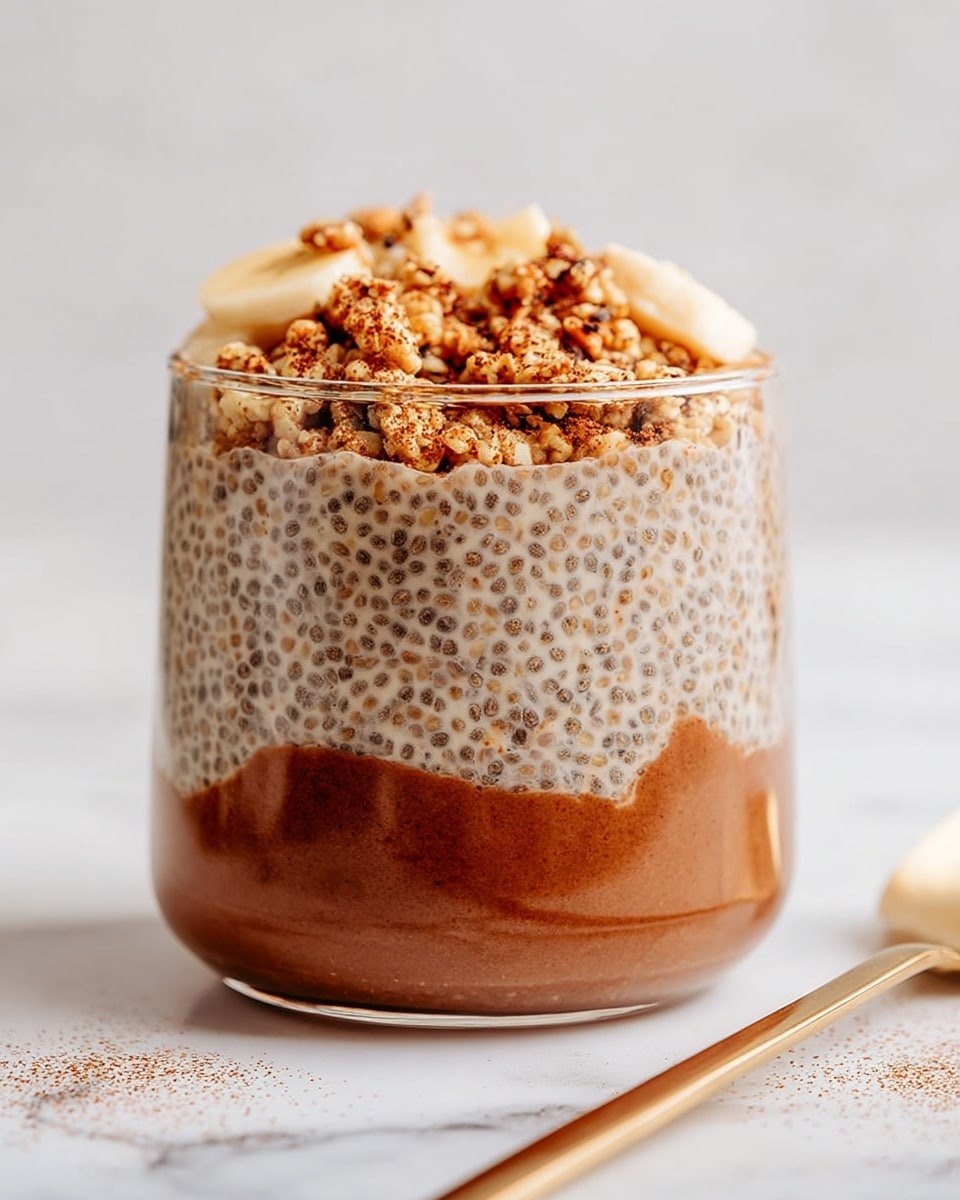 A clear glass cup with three visible layers on a white marbled surface. The bottom layer is a thick, smooth, dark reddish-brown sauce. Above it is a thick chia seed pudding layer, light beige with visible chia seeds spread evenly. The top layer is a crumbly mix of chopped nuts with a few thin slices of banana peeking through, all sprinkled with a light dusting of cinnamon or spice. A gold spoon handle is seen at the bottom right corner. Photo taken with an iphone --ar 4:5 --v 7