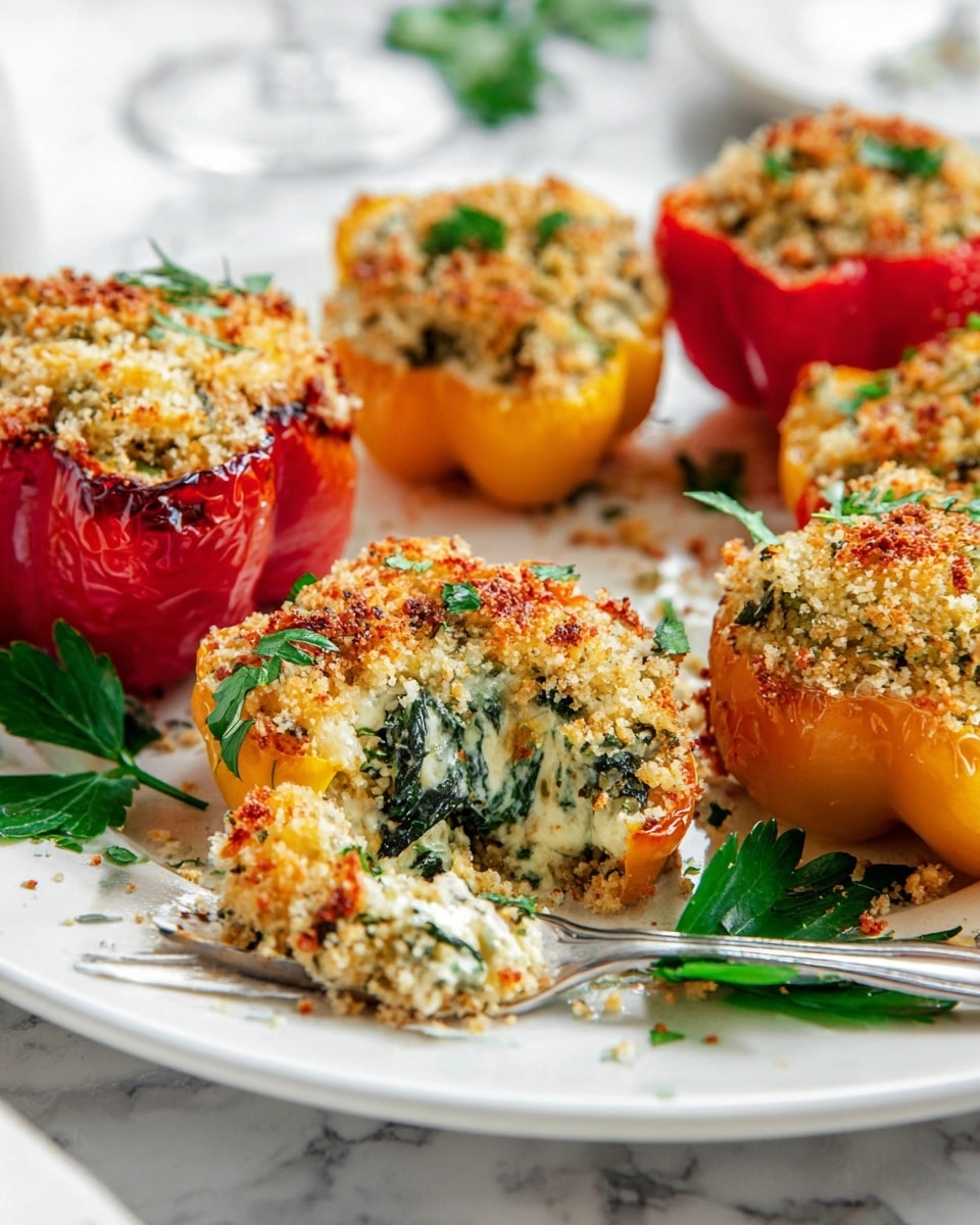 The image shows six stuffed bell peppers arranged on a white plate placed on a white marbled surface. Each pepper is halved and topped with a golden-brown crispy breadcrumb layer. The peppers come in red, yellow, and green colors, with the center of each stuffed with a creamy white mixture filled with spinach leaves and herbs. One pepper half is cut open in the front, revealing the thick, smooth filling under the crunchy topping. Some green parsley leaves are used as garnish between the peppers, and there are scattered breadcrumbs on the plate. A silver fork lies near the edge of the plate, and the background is softly blurred with light tones. Photo taken with an iphone --ar 4:5 --v 7
