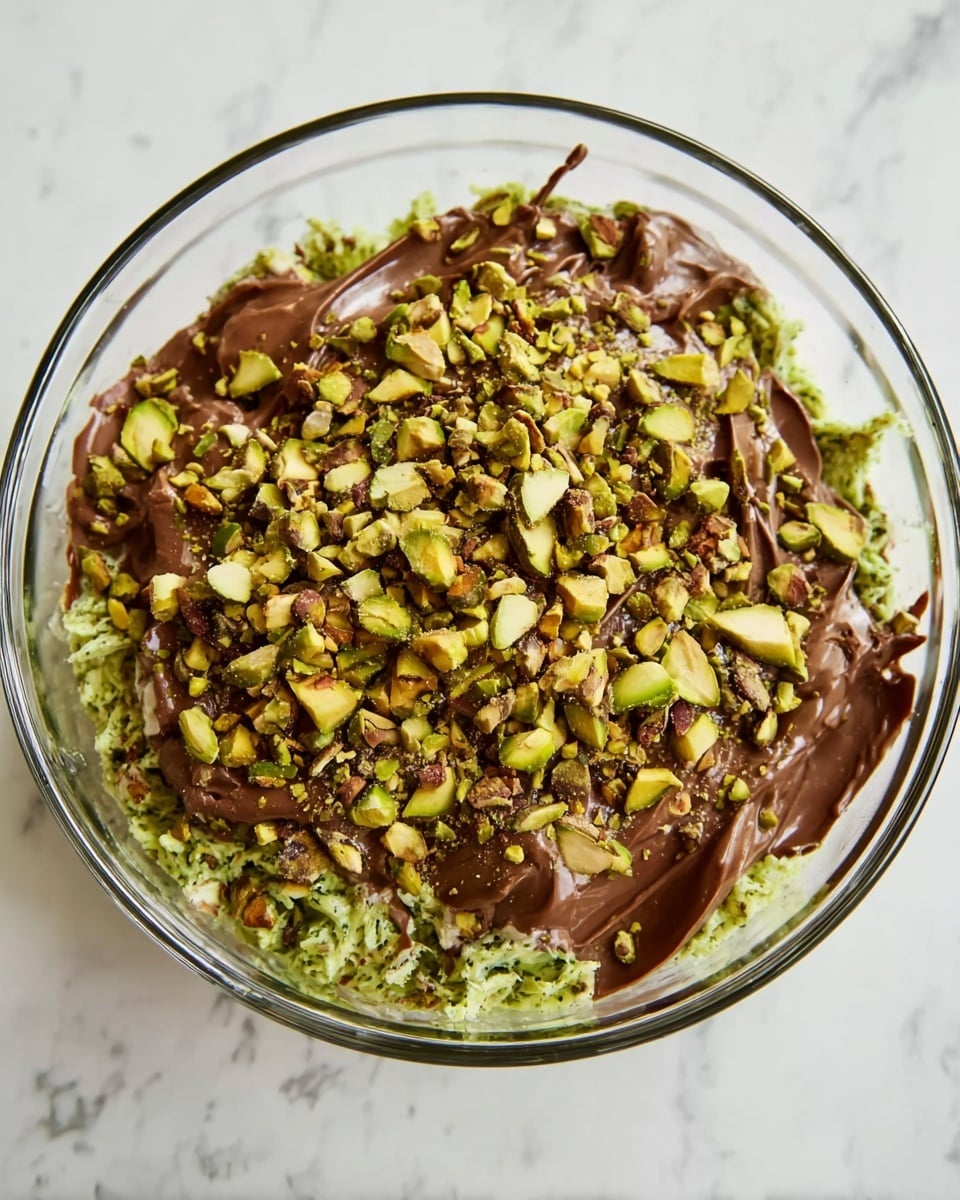 A clear glass bowl holds a three-layer dish placed on a white marbled surface. The bottom layer is green and textured like shredded or grated vegetable. The second layer is smooth milk chocolate spread sparsely over the green base with wavy lines and some gaps. The top layer consists of roughly chopped pistachio pieces in shades of light green, yellowish, and brown, scattered generously across the chocolate. The textures contrast between soft chocolate, crunchy nuts, and fibrous green base. photo taken with an iphone --ar 4:5 --v 7