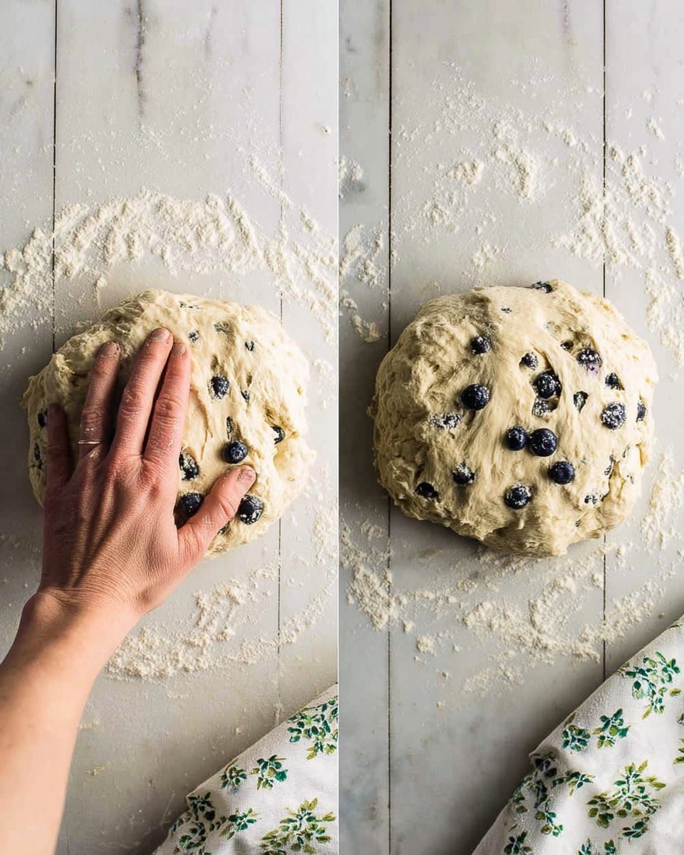The image shows two side-by-side pictures of dough with blueberries being prepared on a white marbled surface. On the left, a woman's hand is pressing into soft, pale dough with a few blueberries visible underneath and scattered on top, with some sticky dough bits around. On the right, the dough rests without the woman's hand, showing more blueberries mixed throughout, creating a lumpy, textured surface covered with light flour dust. A white cloth with a green floral pattern is partly visible in the bottom right corner. Photo taken with an iphone --ar 4:5 --v 7