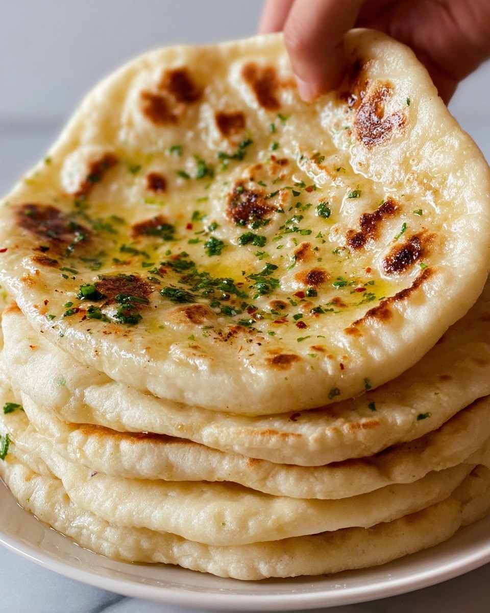 A stack of five naan breads is shown on a white plate with a white marbled surface underneath. Each naan is light golden brown with soft, slightly bubbly texture and small brown spots from cooking. The top naan is sprinkled with small green herb pieces and red chili flakes, with a sheen of melted butter or oil giving a glossy look. The woman's hand is holding the upper right edge of the top naan, lifting it gently. Photo taken with an iphone --ar 4:5 --v 7