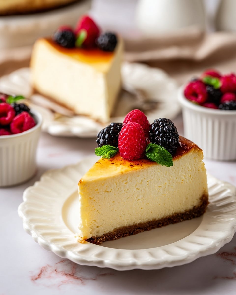 This image shows two slices of cheesecake on white scalloped plates. Each slice has three layers: a thick, light yellow creamy middle, a thin light brown crust at the bottom, and a shiny, golden caramelized top. The front slice is decorated with two red raspberries, one dark blackberry, and a small sprig of green mint leaves, placed on the center of the top layer. The background has small white bowls filled with more red raspberries and blackberries, all set on a soft, white marbled surface. photo taken with an iphone --ar 4:5 --v 7