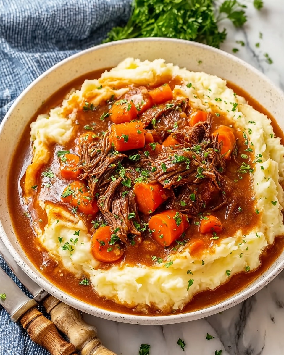 A white bowl filled with a thick, smooth layer of creamy mashed potatoes, topped with a rich brown stew containing chunks of tender shredded beef and bright orange carrot slices, all covered in a shiny brown gravy. The stew and carrots sit in the middle of the fluffy potatoes, garnished with finely chopped fresh green parsley. The bowl is placed on a white marbled surface, with a blue and white cloth and rustic wooden-handled cutlery nearby. Photo taken with an iphone --ar 4:5 --v 7