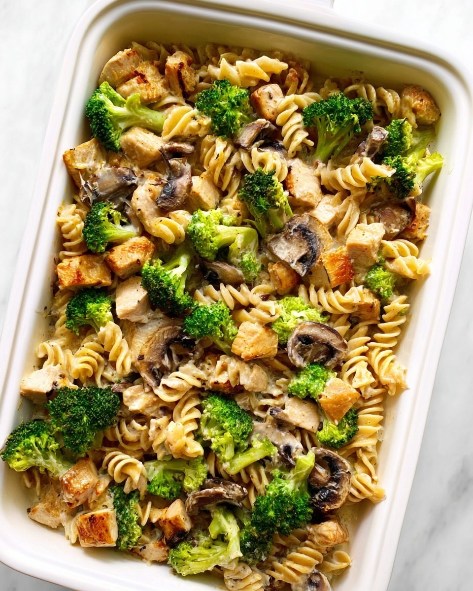 A white rectangular baking dish filled with a creamy pasta bake showing three clear layers: the bottom layer is light yellow twisted pasta mixed with green broccoli florets, the middle layer has medium brown sautéed mushroom slices, and the top layer has golden brown grilled chicken pieces along with melted white cheese sprinkled with black pepper and small bits of fresh green herbs. A woman's hand is holding a wooden spoon scooping some of the pasta bake from the corner, with the white marbled surface underneath. The dish looks warm and rich with a mix of creamy and textured ingredients photo taken with an iphone --ar 4:5 --v 7