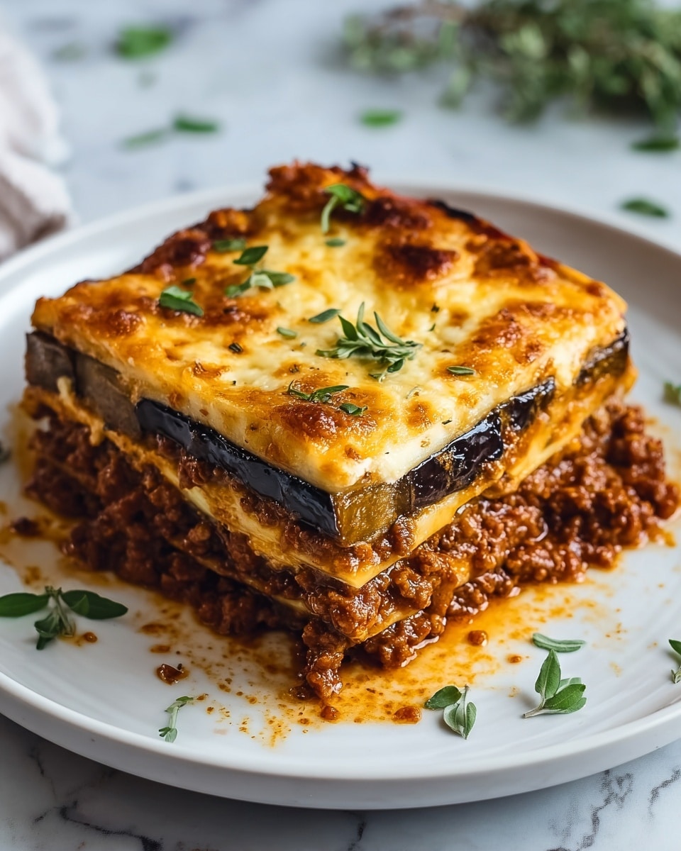 A thick square piece of lasagna is placed on a white plate, showing four visible layers. The top layer is golden brown melted cheese with slight bubbling and garnished with small green herb leaves. Below this is a dark purple eggplant layer, followed by a thick, rich reddish-brown meat sauce with a crumbly texture. Another layer of eggplant sits under the meat sauce, then a bottom layer of the same meat sauce with a bit of sauce spread on the plate. The edges of the lasagna are slightly browned and crispy. The plate rests on a white marbled textured surface with some scattered green herb leaves around. Photo taken with an iphone --ar 4:5 --v 7