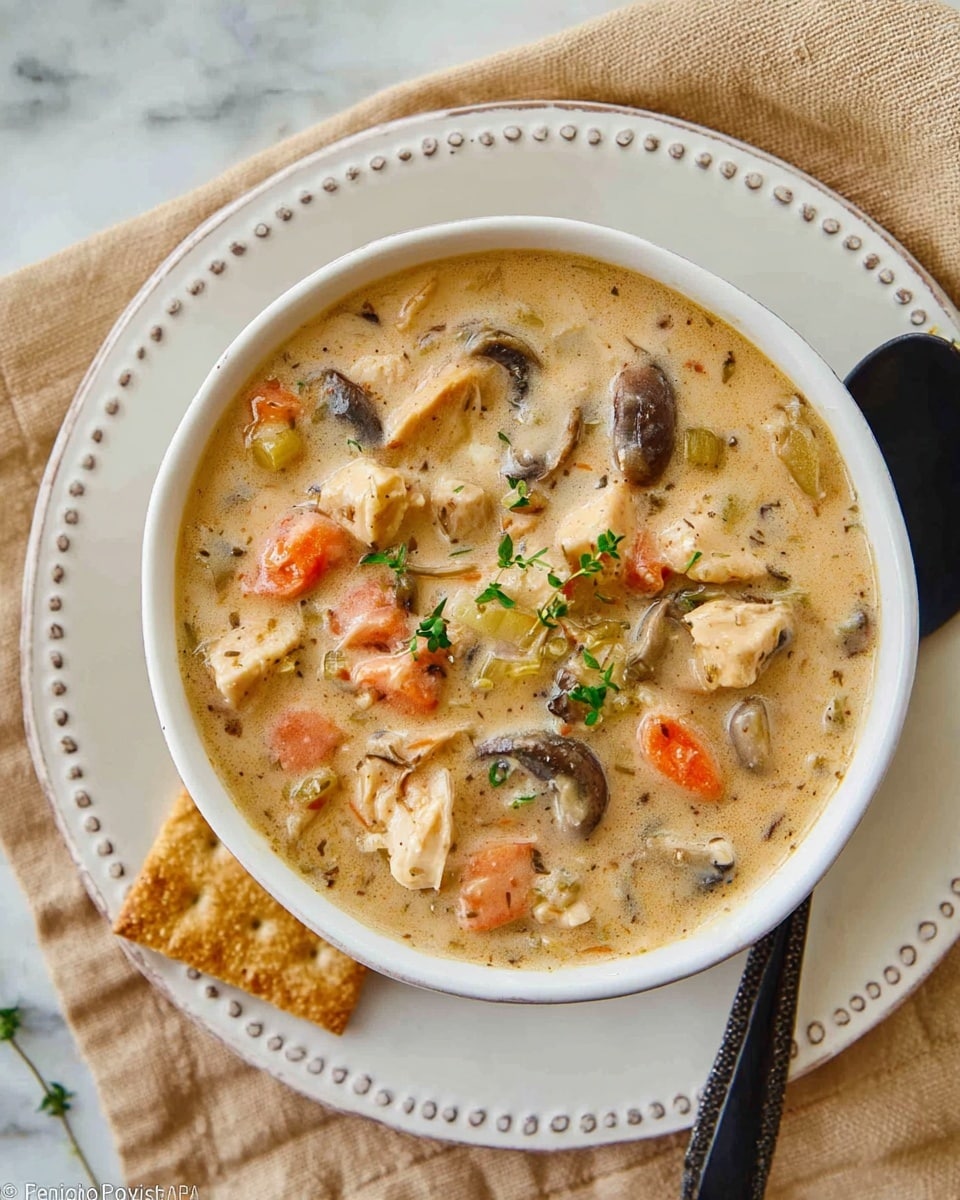 A white bowl filled with creamy soup sits on a white plate with a dotted pattern, resting on a beige cloth over a white marbled surface. The soup has a thick beige creamy base and contains visible chunks of orange carrots, beige chicken pieces, and brown mushrooms. Small green herb leaves garnish the top, adding a fresh touch. A black spoon is placed at the bottom right corner of the plate. A piece of cracker or bread peeks out from the left side beside the bowl. Photo taken with an iphone --ar 4:5 --v 7