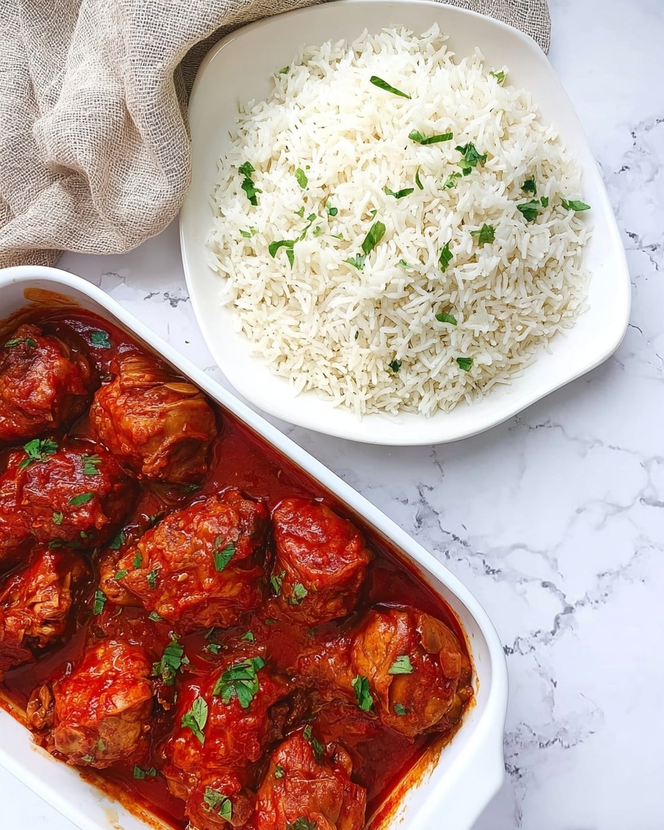 The image shows two white dishes on a white marbled surface. The first dish, on the right, is filled with seven pieces of cooked chicken covered in thick red sauce, garnished with small green leaves scattered on top. The chicken pieces look tender and are arranged closely in the dish. The second dish, on the left, contains a large serving of white rice, fluffy and separated, also sprinkled lightly with green leaves. A beige cloth is partially visible near the top left corner, adding a soft texture contrast to the scene. photo taken with an iphone --ar 4:5 --v 7