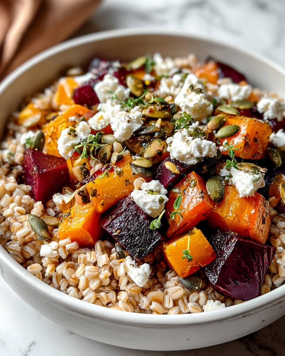 A white bowl filled with a grain base layer of light brown cooked barley, topped with chunks of roasted orange butternut squash and deep purple beet pieces. Scattered on top are small white chunks and crumbles of creamy feta cheese, along with green pumpkin seeds and a sprinkle of fresh green herbs. The bowl rests on a white marbled surface, with soft warm lighting highlighting the textures and colors. photo taken with an iphone --ar 4:5 --v 7