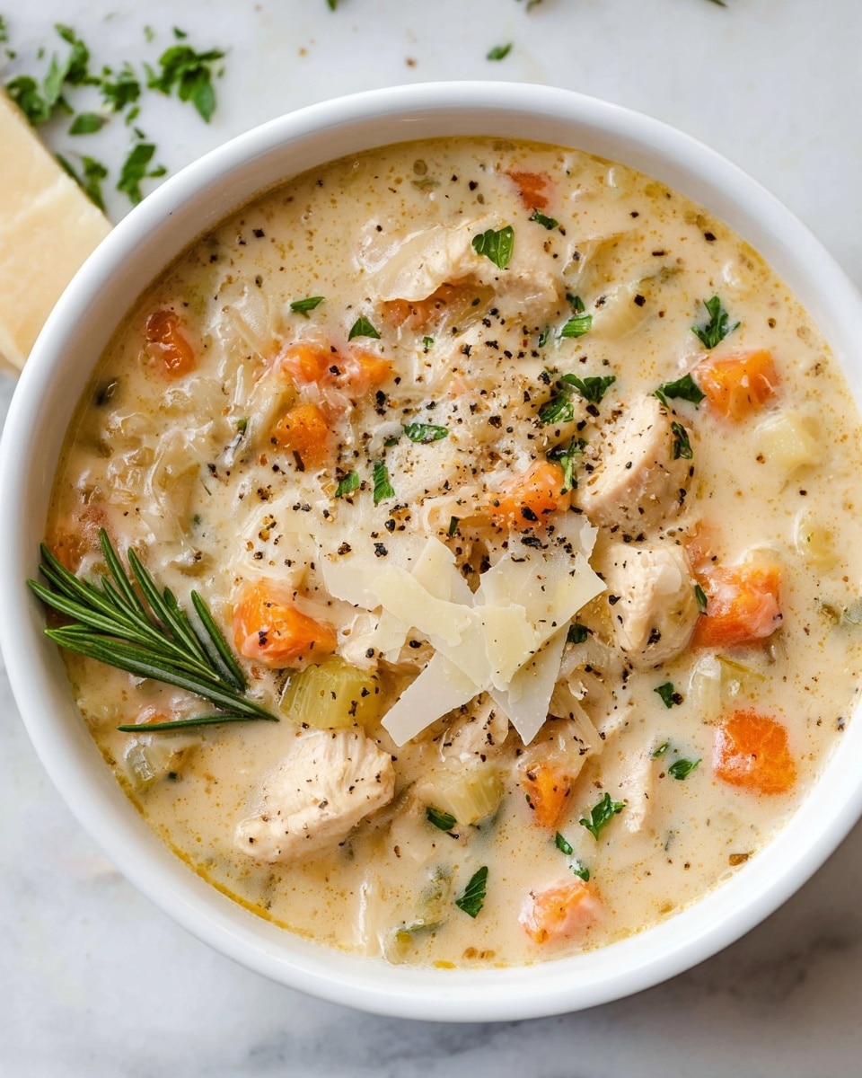 A white bowl filled with creamy soup that has three main layers visible: a base of thick, light beige broth, chunks of light tan cooked chicken pieces spread evenly, and mixed in soft orange carrot pieces along with small green celery bits. On top, there are small fresh green parsley leaves scattered and thin off-white cheese shavings placed across the surface. A small sprig of dark green rosemary is placed on the left side inside the bowl, and a light dusting of black pepper is visible on the soup’s surface. The bowl is set on a white marbled texture surface. Photo taken with an iphone --ar 4:5 --v 7