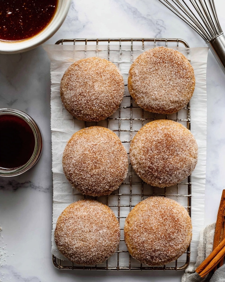 The image shows six round, light brown cookies covered with a fine layer of sugar on top, arranged in two columns of three on a metal cooling rack. The rack sits on a white baking tray lined with white parchment paper, placed on a white marbled surface. On the right side of the image, there is a small glass jar filled with dark brown sauce and two cinnamon sticks beside it. Part of a white bowl with more sauce and part of a woman's hand holding a whisk are visible at the top right corner. Photo taken with an iphone --ar 4:5 --v 7