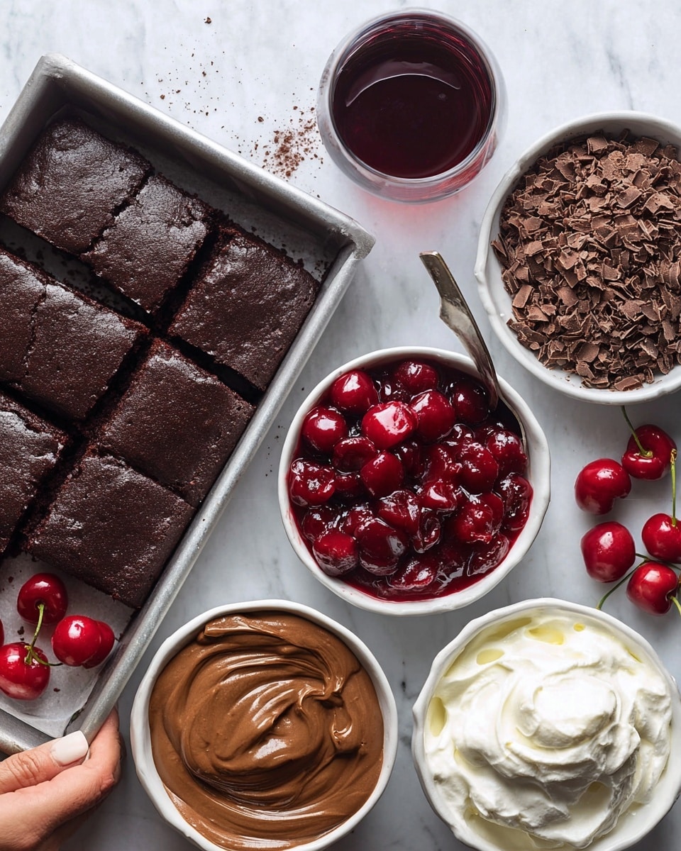 The image shows a baking pan with a dark, rich chocolate cake cut into square pieces, one piece held by a woman's hand near the top left corner. Surrounding the pan on a white marbled surface are four white bowls: the top right bowl filled with dark brown chocolate shavings, the center right bowl filled with shiny, red cherry filling with whole cherries and a spoon inside, the bottom left bowl holding smooth, creamy chocolate pudding, and the bottom right bowl with fluffy white whipped cream. There are also fresh cherries scattered near the top right corner, and a glass filled with a dark red liquid positioned between the pan and the bowls. Photo taken with an iphone --ar 4:5 --v 7