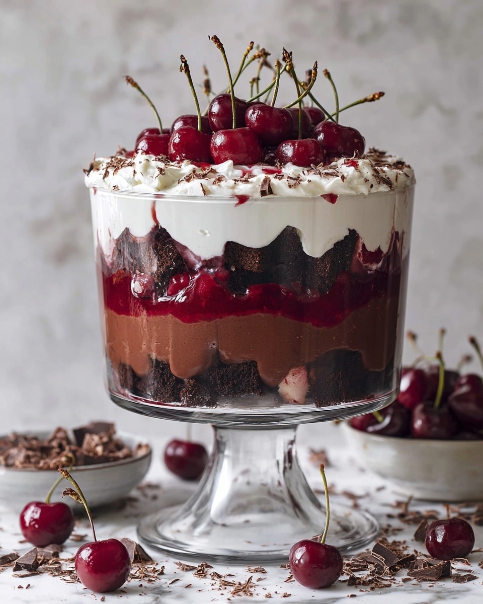 A tall trifle in a clear glass bowl with eight visible layers: the bottom layer is dark chocolate cake chunks, followed by a thick milk chocolate pudding layer, then another layer of dark chocolate cake chunks, topped with a rich milk chocolate pudding layer. Above this is a bright red cherry sauce layer, then a thick layer of white whipped cream with some cherry sauce dripping down into it, topped again with a small amount of whipped cream. The top is piled with shiny, deep red cherries with stems standing up. The glass bowl sits on a clear pedestal on a white marbled surface, with scattered cherries and a bowl of shaved chocolate around it. Photo taken with an iphone --ar 4:5 --v 7