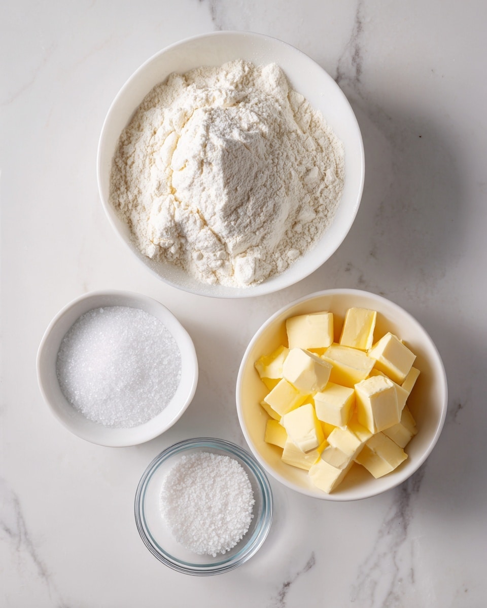 The image shows five bowls with baking ingredients arranged neatly on a white marbled surface. At the top center is a white bowl filled with white flour, with a soft powdery texture. To the right is a white bowl holding cube-shaped yellow butter pieces that look smooth and firm. On the left side, a small empty white bowl is visible. Below the flour bowl, two small clear glass bowls hold fine white salt and sugar, both with a fine granular texture. All the bowls are placed with some space between them, creating a clean and organized look. Photo taken with an iphone --ar 4:5 --v 7