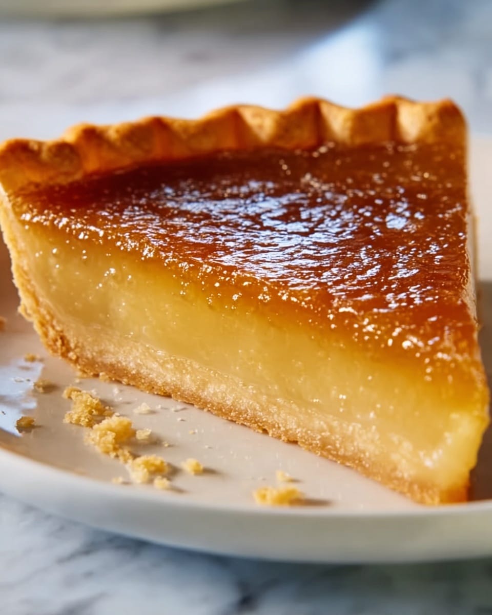 A close-up of a slice of pie held by a woman's hand shows three main layers: a golden brown, shiny crust on top with a slightly bubbly texture, beneath it a thick, translucent caramel-colored filling that looks soft and smooth with subtle chunks, and at the bottom a light golden, firm pie crust base. In the background, the rest of the pie sits on a white plate with a subtle blurred view of a kitchen, all placed on a white marbled surface. photo taken with an iphone --ar 4:5 --v 7