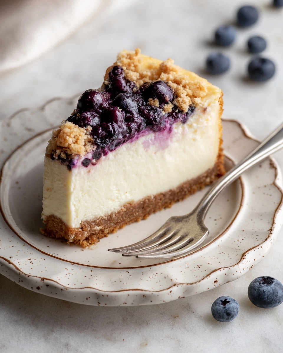 The image shows a slice of cheesecake on a white plate, placed on a white marbled surface. The cheesecake has three layers: a thick, crumbly golden-brown crust at the bottom and edges, a smooth, creamy white middle layer, and a crumbly brown streusel topping dotted with dark purple blueberries mixed in. The slice is positioned near the larger cake with more crumb topping and blueberries visible in the foreground. Around the plate are scattered fresh blueberries, adding a pop of deep blue color. Photo taken with an iphone --ar 4:5 --v 7