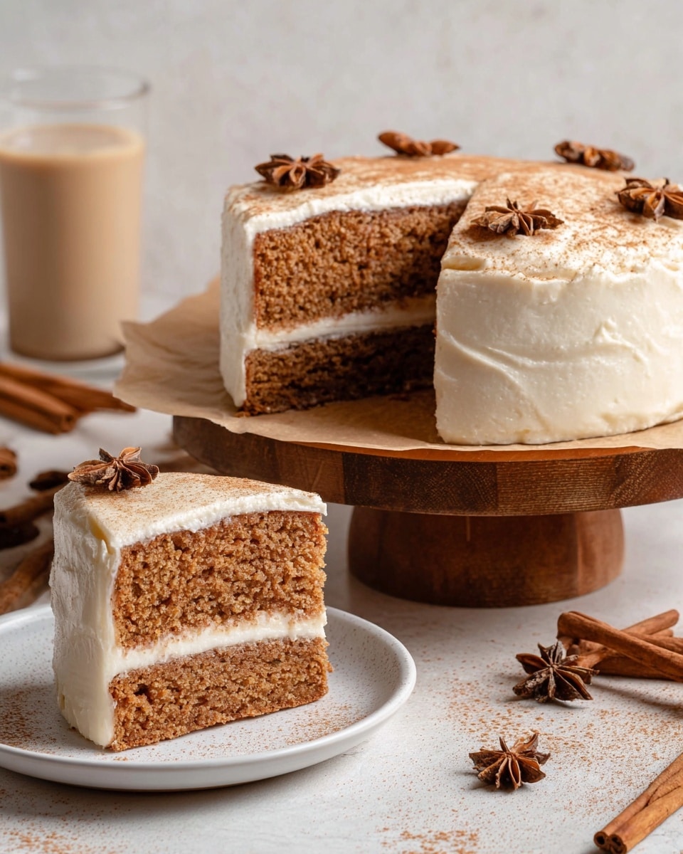 The image shows a two-layer spice cake with light brown, moist-looking cake layers separated by a thick, smooth layer of white cream filling in the middle and covered by a white cream frosting on top and sides. The top of the cake is dusted lightly with brown powder and decorated with whole cinnamon sticks and star anise. A slice is placed on a white plate in the foreground, showing the same two cake layers with cream in the middle. The cake sits on brown parchment paper on a wooden cake stand, all placed on a white marbled surface with more cinnamon sticks and star anise scattered around. A glass of light brown milk stands in the background. Photo taken with an iphone --ar 4:5 --v 7