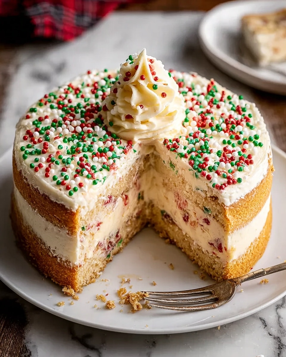 A slice of cake with four layers sits on a white plate with a fork beside it. The bottom layer is a brown, crumbly crust. Above that is a thick creamy layer with red and green specks inside. Next is a pale yellow cake layer. The top layer is creamy white frosting, decorated with two small swirls and topped with red, green, and yellow tiny round sprinkles scattered across the surface. The background shows a white marbled texture. photo taken with an iphone --ar 4:5 --v 7