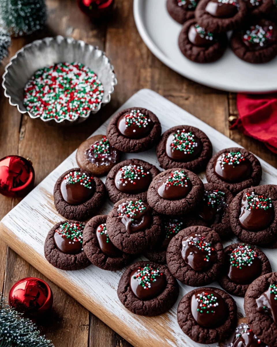 The image shows many round dark chocolate cookies arranged on a white wooden cutting board. Each cookie has a shiny pool of dark chocolate filling in the center, topped with small red, white, and green round sprinkles. A small silver scalloped bowl filled with the same colorful sprinkles is placed on the cutting board among the cookies. Next to the board, on a white plate, there are more of the same cookies. The background is a wooden surface with some Christmas decorations like a small green tree and red shiny ornaments nearby. The scene has a festive holiday feel and a soft light reflecting off the chocolate tops. Photo taken with an iphone --ar 4:5 --v 7