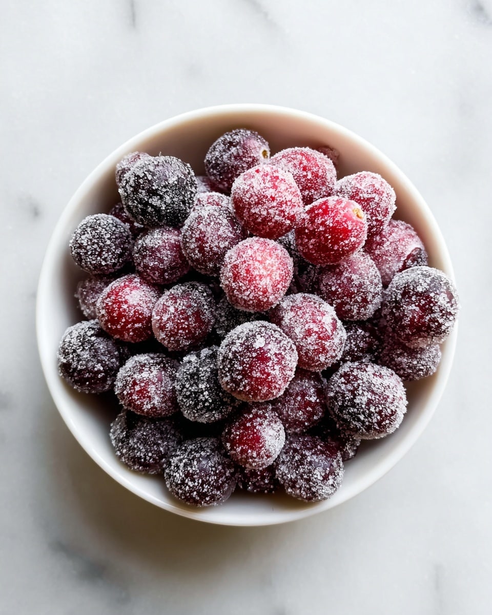 A single white bowl filled with small round cranberries covered in a layer of white sugar crystals, showing a mix of bright red and deep purple colors under the sugar coating. The bowl is placed on a white marbled surface, and the sugar texture gives the cranberries a frosted look. Photo taken with an iphone --ar 4:5 --v 7