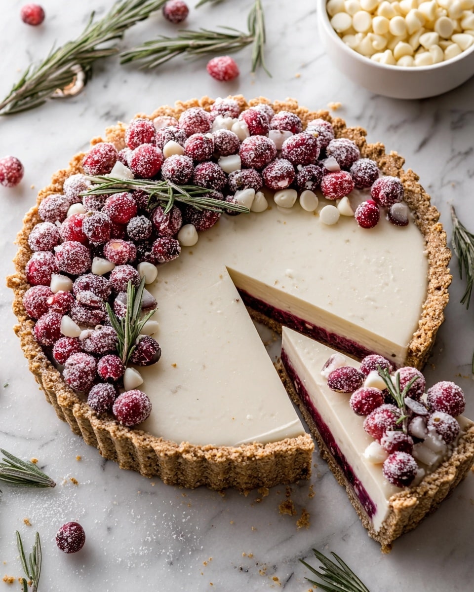 A round tart with a crumbly light brown crust holds three distinct layers: a bottom crust, a middle bright red berry layer, and a top thick creamy white layer with a smooth texture. The tart is decorated with a half-circle arrangement of fresh red cranberries coated with sugar, small white chocolate chips, and sprigs of fresh dark green rosemary placed on the upper left side near the edge. A single slice is lifted out, showing the colorful layers inside. The tart sits on white marbled surface with a bowl of white chocolate chips and scattered rosemary sprigs around it. Photo taken with an iphone --ar 4:5 --v 7