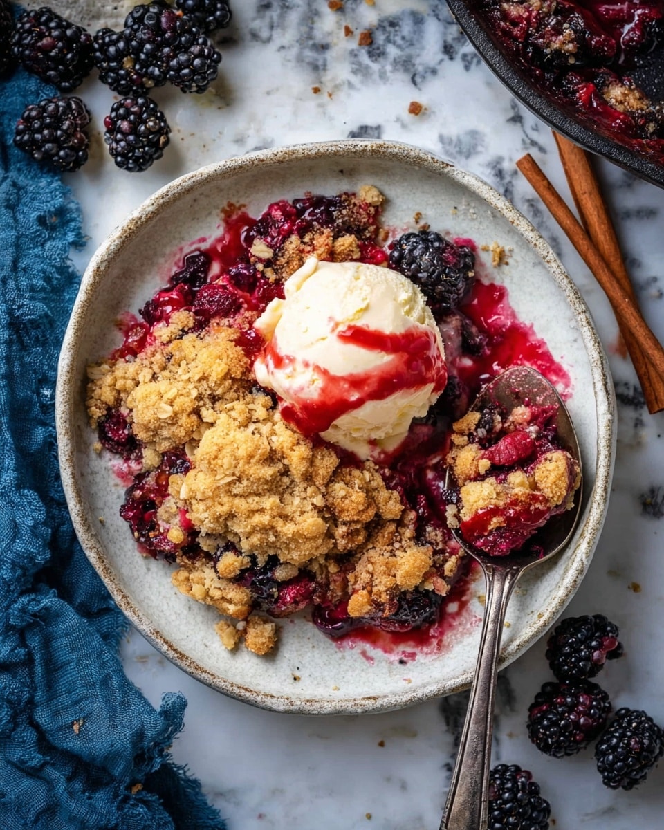 A serving of mixed berry crumble sits on a white plate, showing three visible layers: the bottom layer of juicy red and purple mixed berries, the middle layer of crumbly golden brown topping scattered unevenly, and a scoop of creamy vanilla ice cream with red berry sauce swirled on top placed in the center. A silver spoon rests on the right edge of the plate, partially scooping some crumble. The white marbled surface underneath has scattered fresh blackberries and cinnamon sticks around, and a blue cloth partially visible near the bottom left corner. Photo taken with an iphone --ar 4:5 --v 7