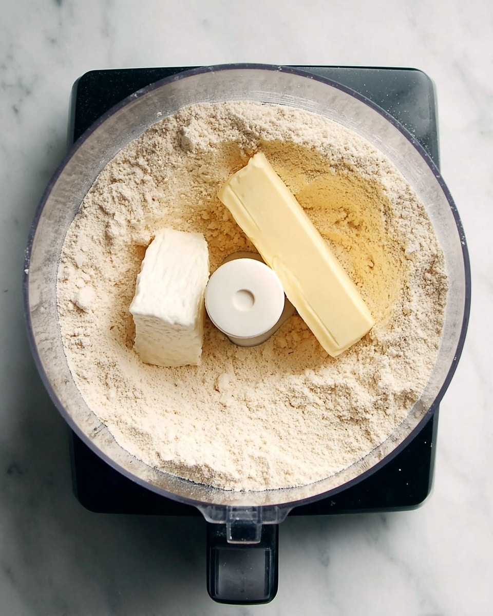 A clear food processor bowl filled with a thick layer of pale beige flour. On top of the flour, there are two chunks placed side by side: one is a short, white block of cream cheese with a smooth texture, and the other is a longer, rectangular stick of pale yellow butter with a slightly soft texture. The bowl sits on a black base, all placed on a surface with a white marbled texture. photo taken with an iphone --ar 4:5 --v 7