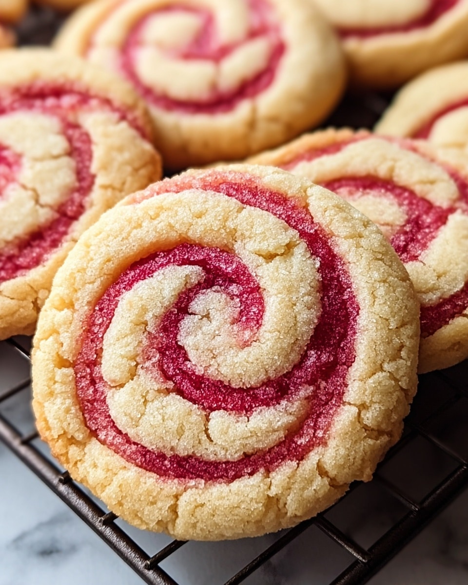 The image shows a group of round cookies with a spiral pattern. Each cookie has two layers: the base layer is light golden with a soft, crumbly texture, and the top layer is bright pinkish-red, swirled evenly from the center outwards. The cookie edges are slightly cracked, giving a homemade feel. The cookies are closely packed on a dark cooling rack, placed on a white marbled surface that adds a clean, soft background. The photo has a close-up focus on the nearest cookie, making the details of the spiral and texture clear. photo taken with an iphone --ar 4:5 --v 7
