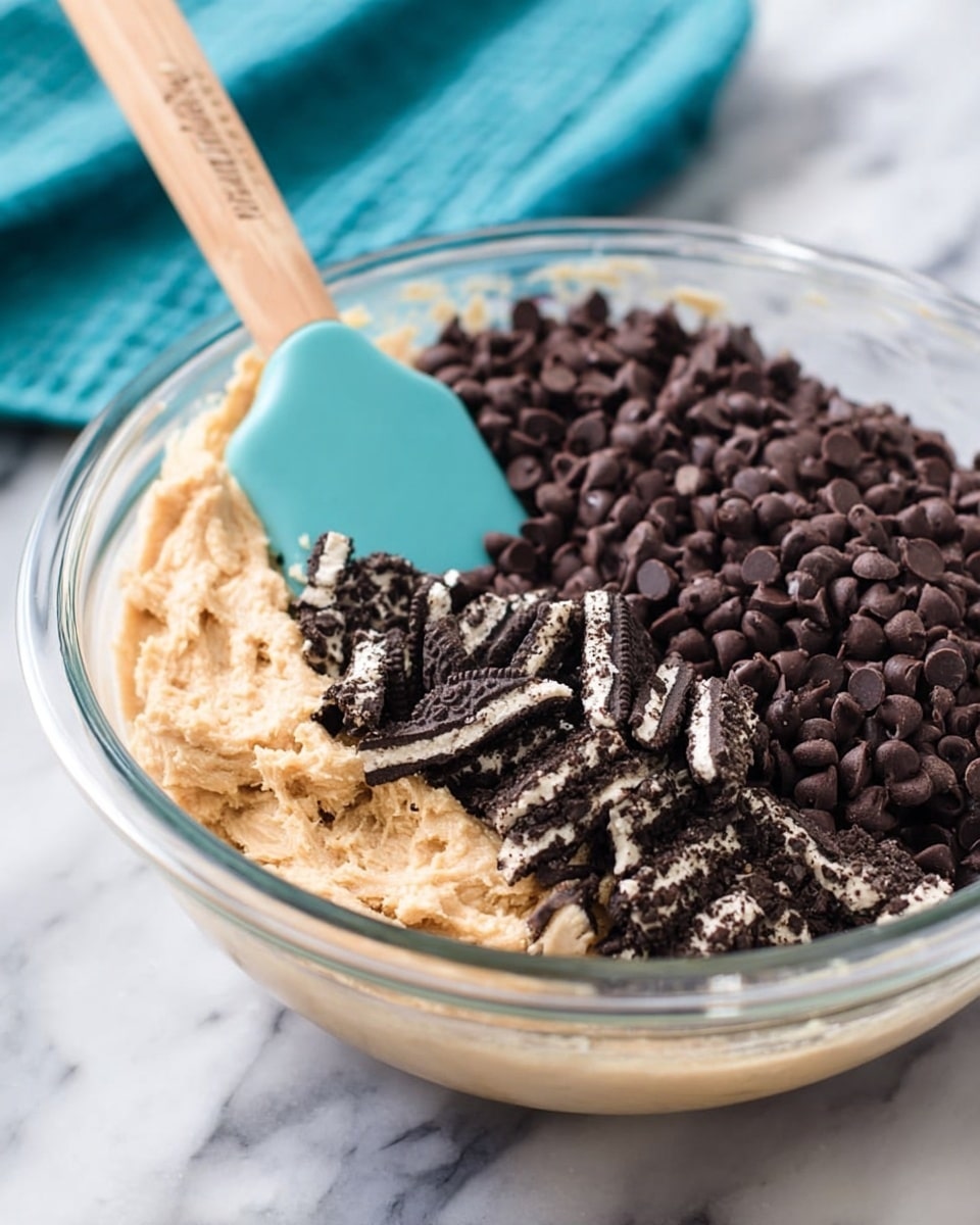 A clear glass bowl filled with three layers of ingredients sitting on a white marbled surface. The bottom layer is a smooth light beige dough. On top of the dough, there is a thick pile of small, dark chocolate chips with a matte texture. Next to the chips, a heap of dark brown and white crushed sandwich cookies is placed, showing both cookie and cream parts. A teal spatula with a light wooden handle is resting in the bowl, leaning against the edge. A blurred teal cloth is in the background. Photo taken with an iphone --ar 4:5 --v 7