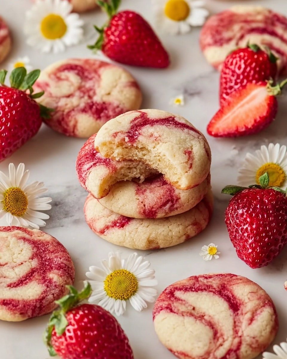The image shows soft round cookies with swirled red and white patterns, some stacked and one with a bite taken out of it, revealing a light, crumbly inside. Fresh whole and sliced bright red strawberries are placed around the cookies, adding a vibrant contrast. Small white and yellow daisy-like flowers are scattered across the scene for decoration. Everything is arranged on a white marbled surface, creating a fresh and clean look. photo taken with an iphone --ar 4:5 --v 7
