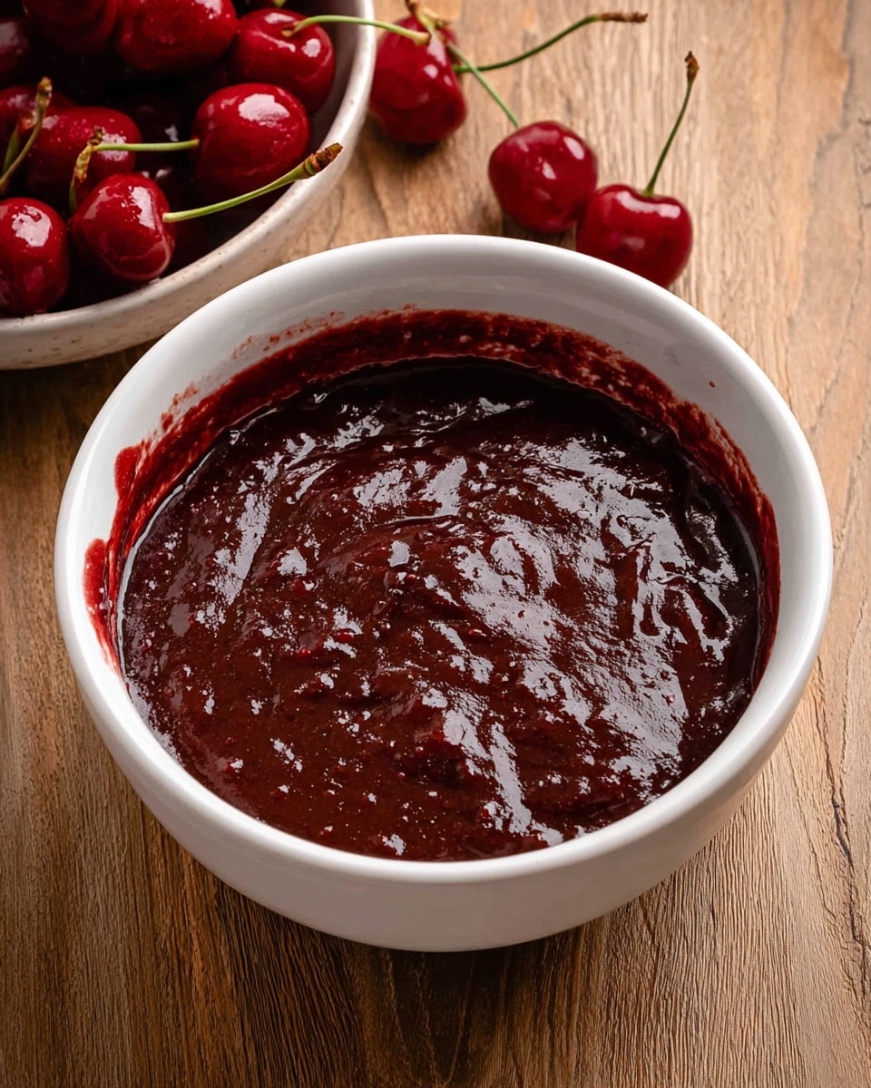 A white bowl filled with thick, dark red cherry sauce that has a glossy, slightly chunky texture, with some sauce clinging to the edges of the bowl. To the top left, part of a white bowl with bright red cherries with green stems is visible. The setting is on a wooden surface with a natural grain. photo taken with an iphone --ar 4:5 --v 7