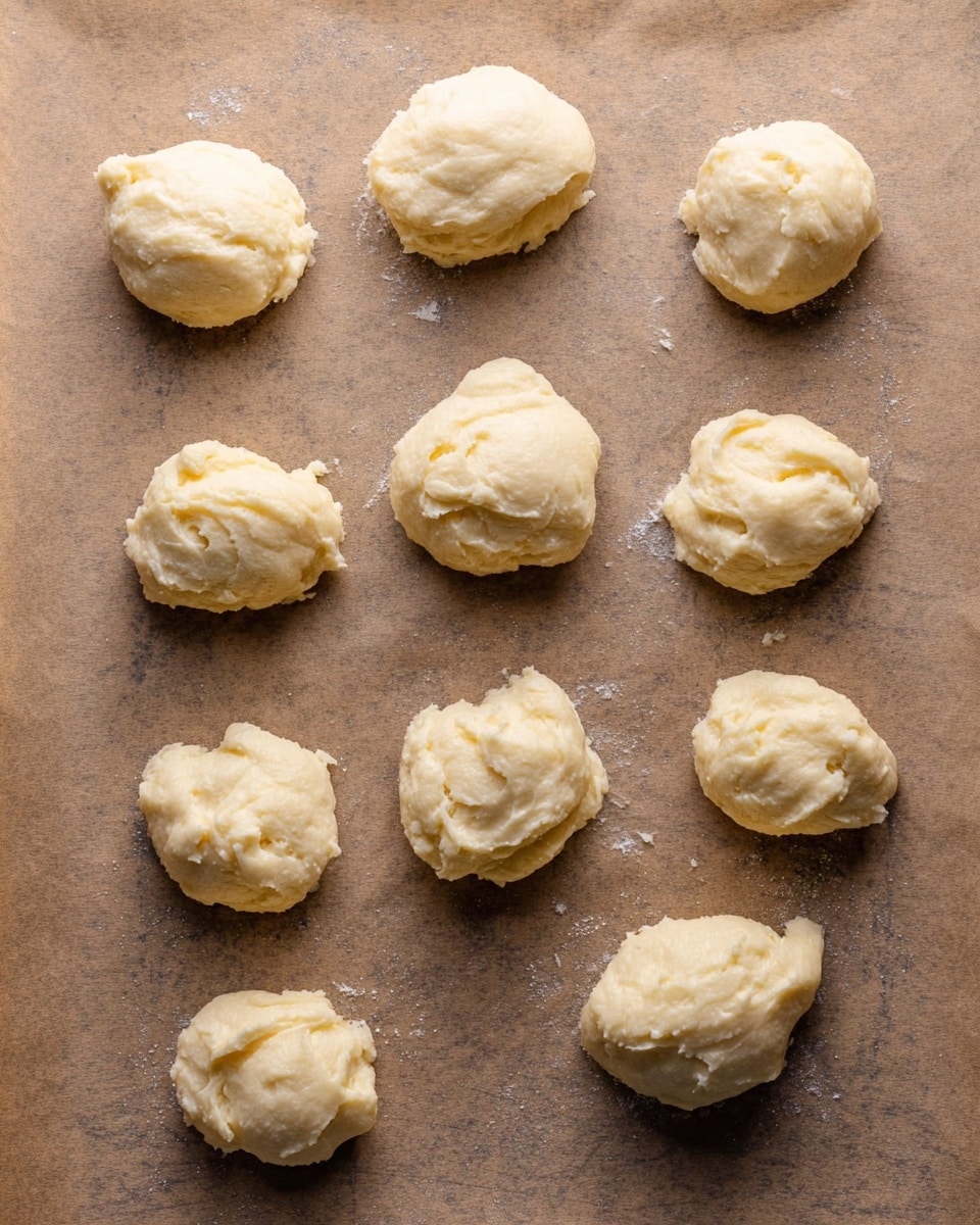 The image shows nine dollops of pale yellow creamy batter or dough placed in three uneven rows on a baking sheet lined with brown parchment paper. Each dollop has a smooth, slightly textured surface with some peaks and valleys, giving a soft, fluffy appearance. The background underneath the parchment paper is not visible. The arrangement is random, and the batter looks ready to be baked. photo taken with an iphone --ar 4:5 --v 7