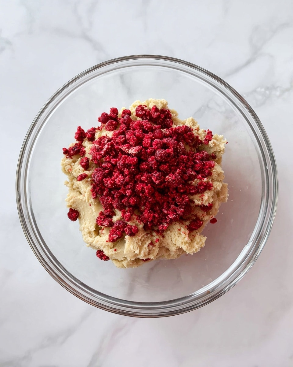 A clear glass bowl sits on a white marbled surface, filled with two main layers of ingredients. The bottom layer is a pale beige dough, soft and slightly crumbly in texture, taking up most of the bowl's base. On top of this dough, there is a generous pile of small, bright red frozen raspberries that contrast sharply with the light dough beneath. Some raspberry pieces spill slightly over the dough edges, adding a natural, casual look. The lighting shows the textures clearly, with a crisp and fresh appearance. Photo taken with an iphone --ar 4:5 --v 7