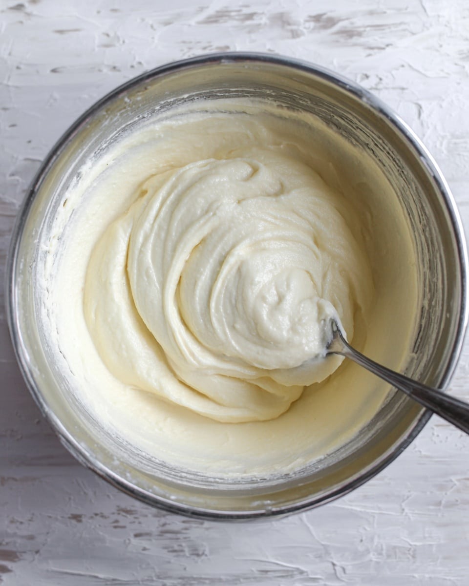 A metal bowl filled with a smooth, creamy white mixture that has a soft, thick texture, swirled gently on the surface. A metal spoon is partially submerged in the mixture, resting in the center of the bowl with some of the creamy substance on it. The bowl is placed on a white marbled texture, giving a clean and bright look to the scene photo taken with an iphone --ar 4:5 --v 7