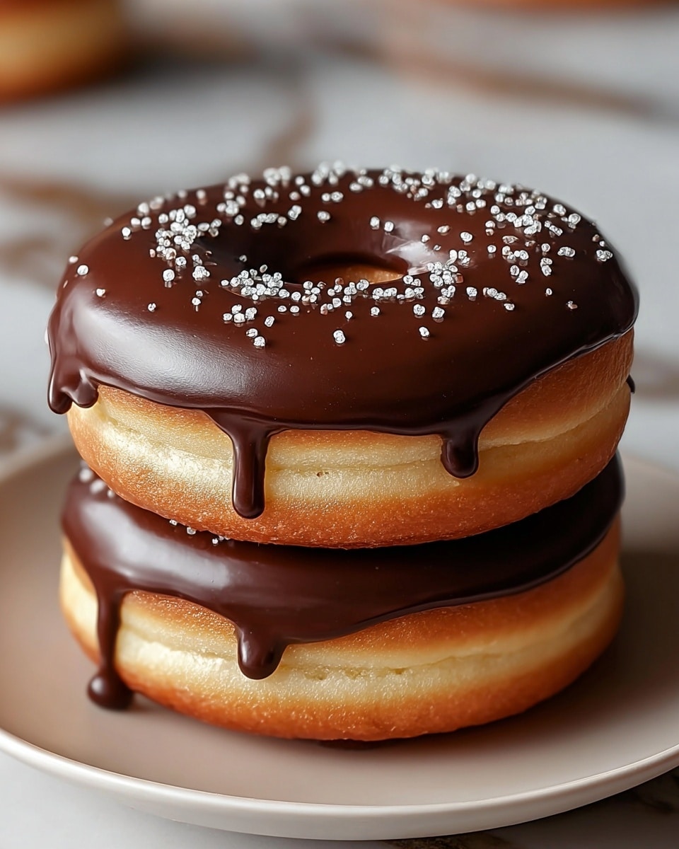 A stack of two thick, round doughnuts with a golden-baked outer layer and soft beige interior is placed on a white plate. Each doughnut is covered with a smooth, dark chocolate glaze that drips down the sides, with the top doughnut having shiny chocolate sprinkled with small white sugar crystals. The background shows a white marbled texture with soft light reflections, highlighting the rich textures of the doughnuts and chocolate. photo taken with an iphone --ar 4:5 --v 7