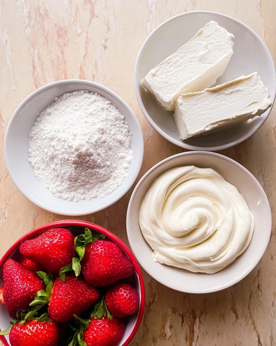 The image shows four white bowls on a white marbled surface, each filled with different ingredients. The top right bowl contains a smooth white creamy substance with soft swirls. The top left bowl holds two thick, white soft blocks with a creamy texture. The bottom left bowl is filled with fine white powder, which looks light and fluffy. The bottom right bowl is filled with bright red strawberries with green leafy tops, appearing fresh and full. The colors contrast well with the white bowls and marbled surface, creating a fresh and clean look photo taken with an iphone --ar 4:5 --v 7