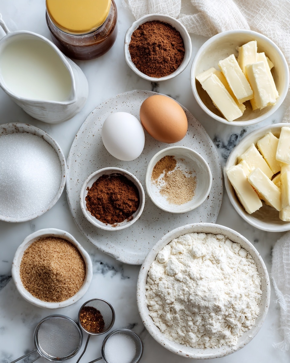 The image shows several baking ingredients arranged neatly on a white marbled surface. In the center, there's a white round plate with two eggs—one white and one brown—along with two small white bowls, one holding coarse salt and the other different spices in brown and beige colors. Metal measuring spoons with ground spices rest on the plate. Surrounding the plate are white bowls and dishes holding various ingredients: white sugar, brown sugar, cocoa powder, and flour with a small sifter placed inside. A white speckled bowl in the top right holds neatly sliced butter sticks. To the top left, a small white pitcher of milk and a jar of brown molasses with its yellow lid are visible. The overall setting is clean and well-lit, showing all the ingredients clearly and simply. Photo taken with an iphone --ar 4:5 --v 7