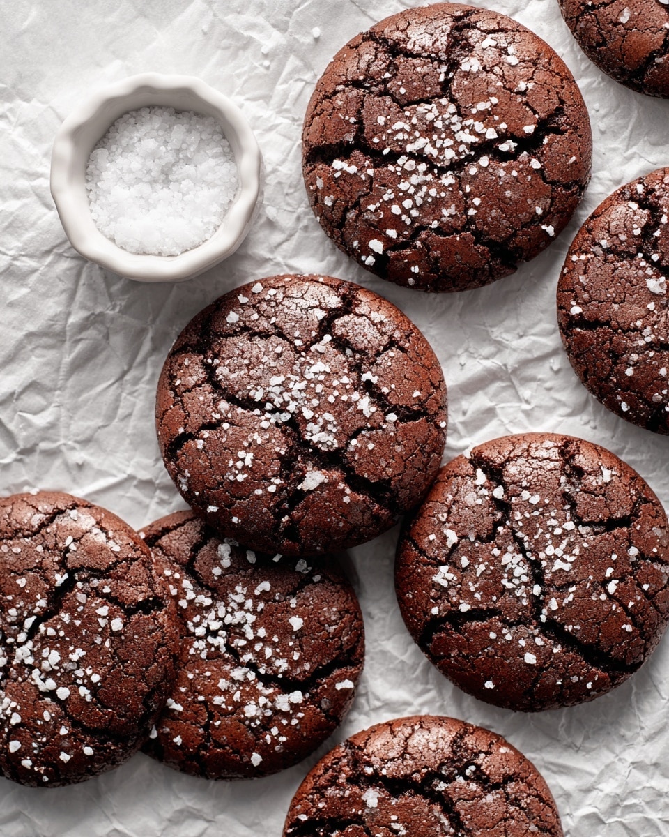 Several round dark brown chocolate cookies are placed close together on a wrinkled white paper over a white marbled surface. Each cookie has a cracked texture on the top with tiny sugar crystals gently sprinkled over them. In the top left corner, there is a small white round dish filled with white granulated sugar. The cookies look thick and soft with uneven cracks all around. photo taken with an iphone --ar 4:5 --v 7