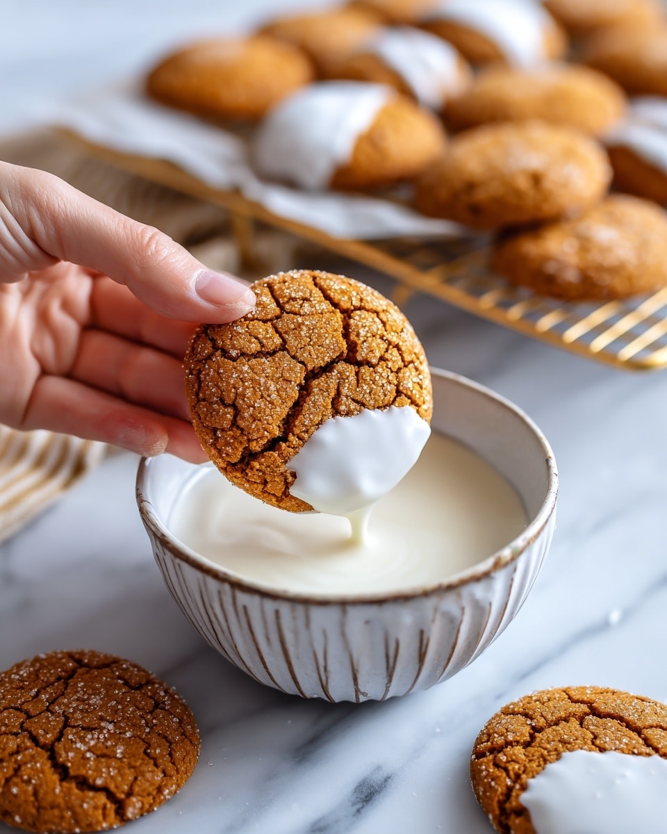 A close-up view of a woman's hand holding a cracked, brown cookie partly dipped in white icing, which drips slightly from the bottom. The cookie has a rough sugar-coated texture with deep cracks on its surface. Below the cookie is a white bowl filled halfway with the smooth white icing. Surrounding the bowl, several cookies—some dipped halfway in icing and some plain—rest on a gold wire cooling rack. In the background, a tray with parchment paper holds more plain cookies, all placed on a white marbled surface. Photo taken with an iphone --ar 4:5 --v 7