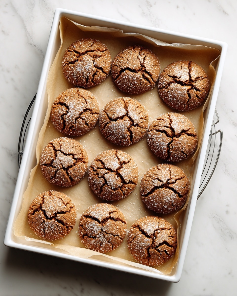 The image shows a group of round cookies laid out on a gold wire cooling rack over a white marbled surface. Each cookie has a cracked texture with deep lines running across the top, giving a rough, crumbly look. About half of each cookie is covered with a smooth, white glaze that contrasts with the golden brown color of the cookie dough. The cookies have a sugar-dusted finish that adds a bit of sparkle to their rough surface. The overall color palette is warm brown with the crisp white glaze giving a fresh, clean look. Photo taken with an iphone --ar 4:5 --v 7