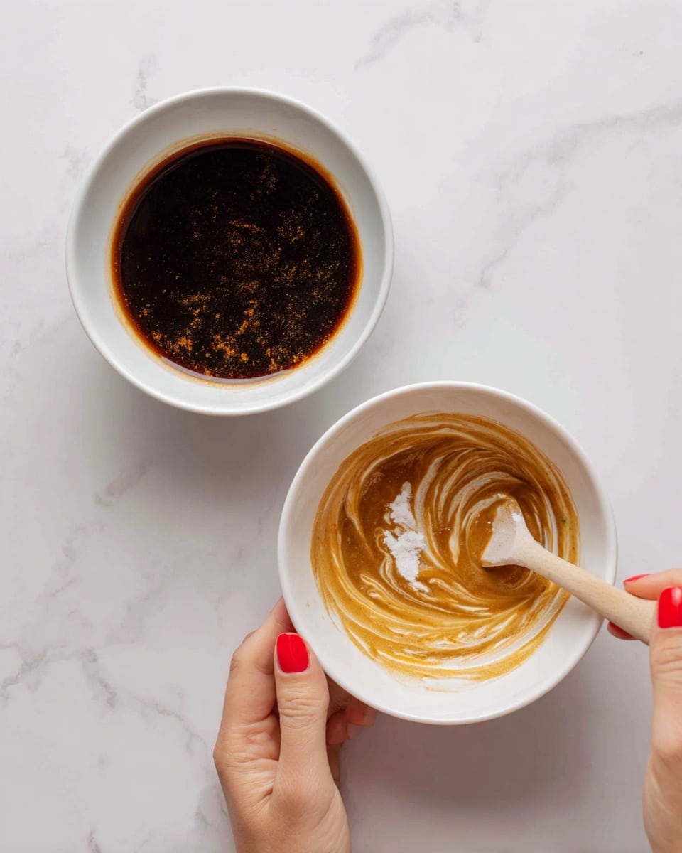 The image shows two white bowls on a white marbled surface. The left bowl is filled with a dark brown liquid mixture. A woman's hands with red nail polish hold a small white bowl with various brown and white powders above the larger bowl. The right bowl is the same white bowl now being stirred with a light-colored spatula by a woman's hand, creating swirling motion in the thick brown mixture with streaks of a lighter yellow substance mixing in. Photo taken with an iphone --ar 4:5 --v 7