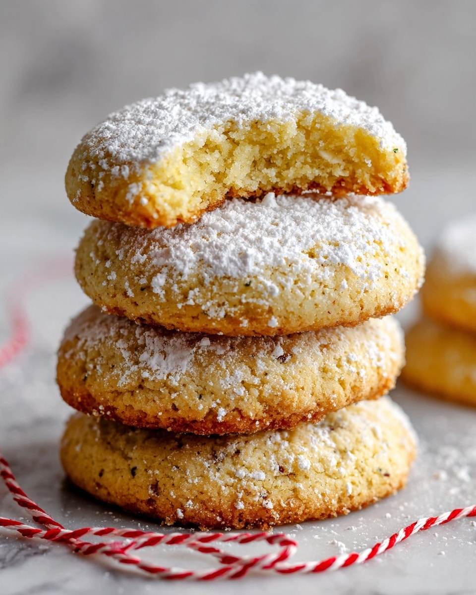 A stack of four round, golden brown cookies with a slightly rough texture sits on a white marbled surface. Each cookie has a light dusting of white powdered sugar on top, with the top cookie showing a bite taken out of it, revealing a soft and crumbly inside. The cookies are stacked neatly, with the bottom three cookies mostly in full view and the top cookie tilted slightly forward. There is a red and white twisted string in front of the stack, adding a touch of color to the rustic setting. Photo taken with an iphone --ar 4:5 --v 7