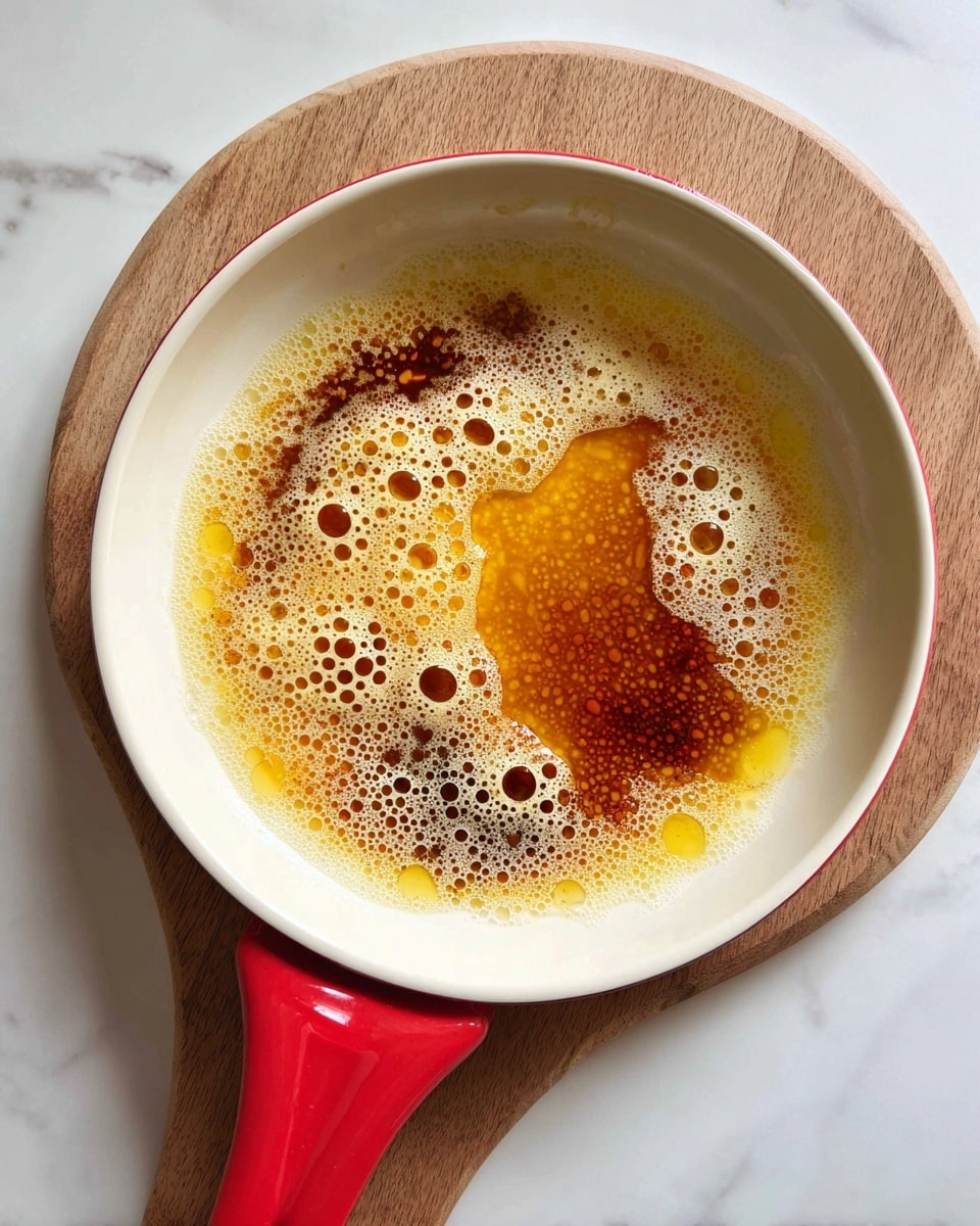 A top-down view of a white pan with a red handle and wooden grip, containing a mix of golden-yellow melted butter and dark brown melted bits spread unevenly across the liquid's surface, with small white foam bubbles scattered mainly near the edges, all placed on a white marbled texture background photo taken with an iphone --ar 4:5 --v 7