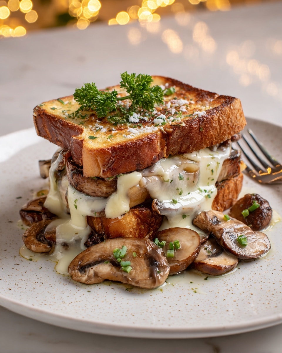 A close-up view of a toasted sandwich placed on a white plate with a white marbled texture underneath. The sandwich has two thick slices of golden-brown toasted bread with a crispy texture on top and edges, sprinkled with small green herbs and a small bunch of fresh parsley on the top center. Inside, the middle layer is filled with melted cheese that stretches and drips down the sides, mixing with sautéed brown mushrooms in a creamy sauce that spills slightly onto the plate. The mushrooms are sliced evenly and cooked, showing a glossy, soft texture. The entire scene is warm-toned, highlighting the crispy toast and creamy cheese. Photo taken with an iphone --ar 4:5 --v 7