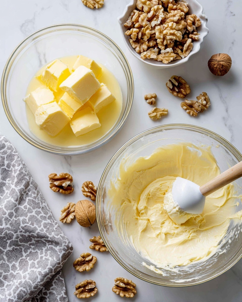 The image shows two clear glass mixing bowls side by side on a white marbled surface with a gray patterned cloth nearby. The left bowl contains several soft yellow butter pieces on top of a pale yellow creamy liquid, with some walnuts scattered around the bowl’s edges. The right bowl displays a blended pale yellow batter with a white mixing paddle resting inside it, surrounded by some walnuts and a small white bowl filled with more walnuts partly visible. Photo taken with an iphone --ar 4:5 --v 7
