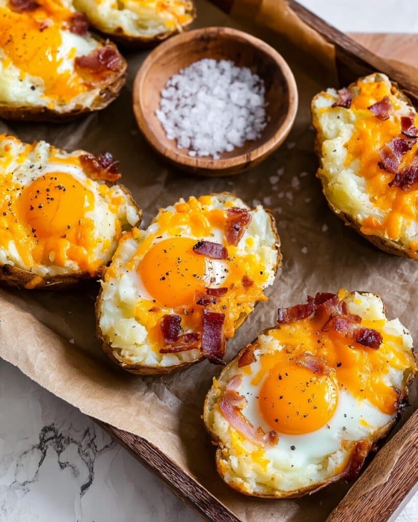 Twice Baked Breakfast Potatoes with Bacon, Eggs, and Cheddar Recipe