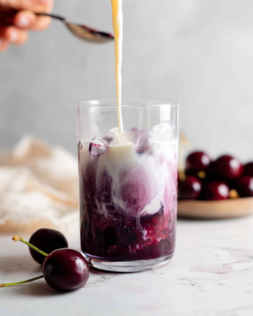 The image shows a clear glass filled with layers of purple cherry juice at the bottom with white milk being poured on top, creating a swirling mix where the two meet. Around the glass, there are a few cherries lying on a white marbled texture surface. A woman's hand is visible at the top left corner holding a spoon, adding movement to the scene. The background is blurred and light, giving focus to the glass and cherries in the foreground. photo taken with an iphone --ar 4:5 --v 7