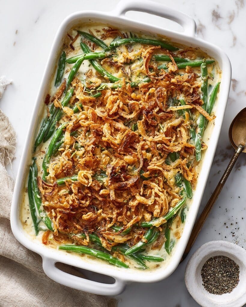 Creamy Green Bean Casserole with Mushrooms and Crispy Onions Recipe